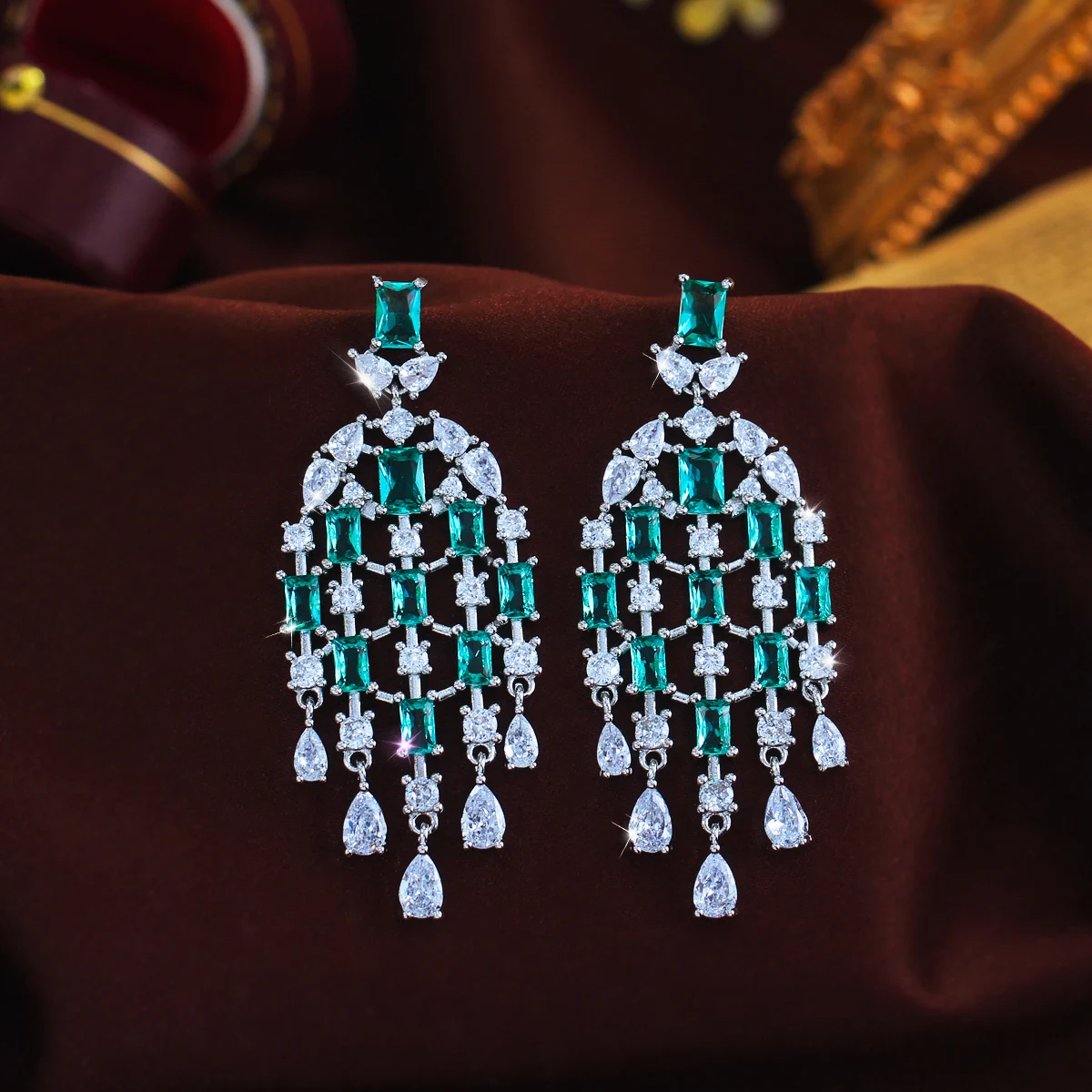 Elegant Light Blue White Cubic Zirconia Popular Bohemian Long Tassel Dangle Drop Earrings for Lady Wedding Party Wear Jewelry