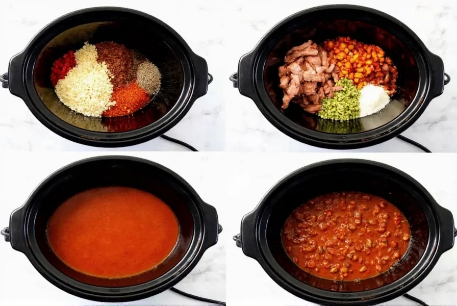 Step-by-step crock pot turkey chili preparation showing ingredients being added to slow cooker