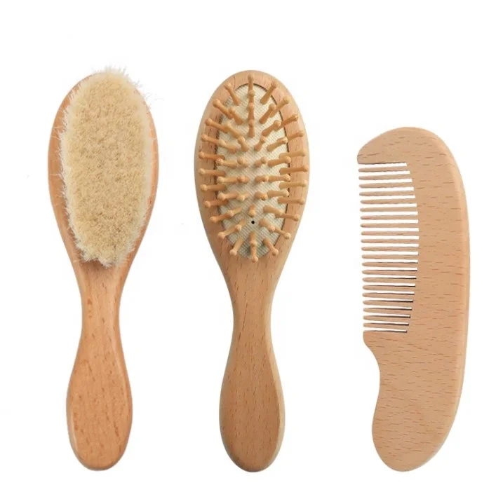 

3pcs Baby hair brush comb set pure natural wool baby shampoo bath shower brush wooden comb