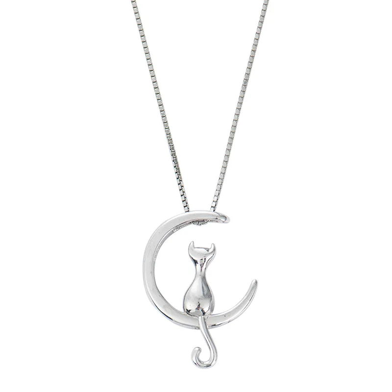 New Design Simple Cute Animal Moon Cat Sweet S925 Sterling Silver Necklace Jewelry