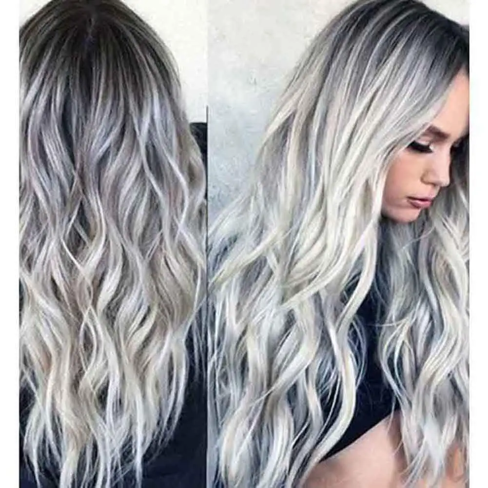 

Amazon Hot Sale Natural Ombre Silver Hair Long Wavy Wig Synthetic Heat Resistant Full Lace Wigs, Black gradient white