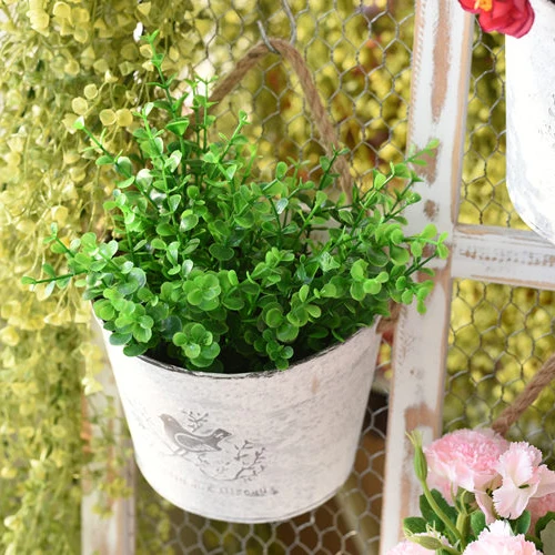 

European Pastoral White Vintage Iron Bucket Pot Semicircle Flower Bucket Outdoor Farmhouse Flower Pot Hanging Flower Pot