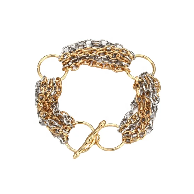 

Wholesale Factory Gold &Silver Plated Adjustable Punk Chain Link Bracelet With Multi-Layer