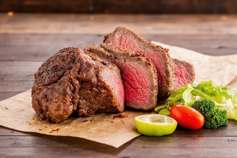 Seasoned steak with a sauce on the side