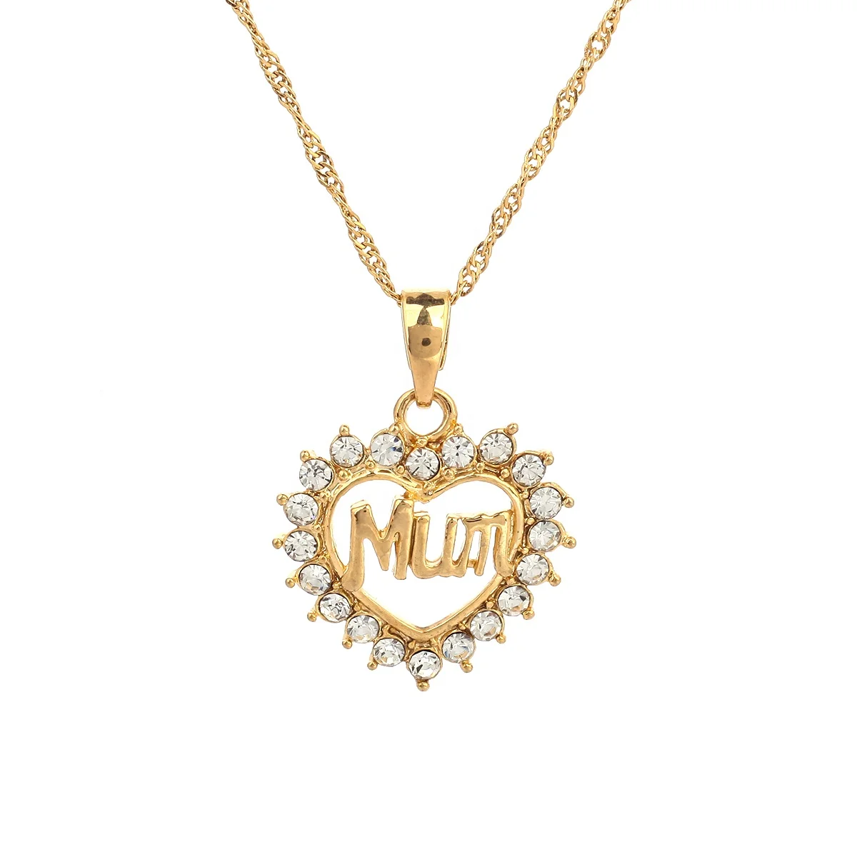 

Cute Alphabets MUM Heart Pendant Necklace Rhinestone Gold Color Heart Jewelry For Dear Mother