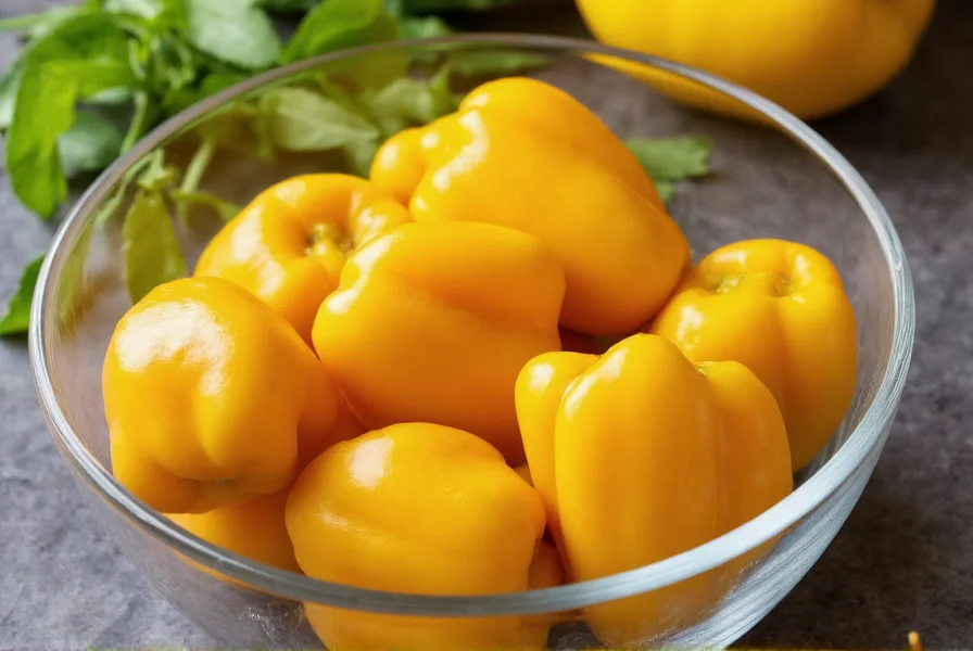 Close-up of canned banana peppers in a glass bowl with fresh herbs