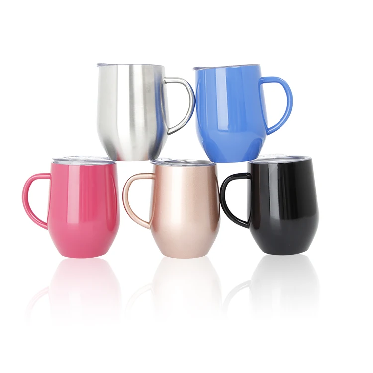 

Eco-friendly double wall milk drinking beer cup creative egg shape mug stainless steel coffee tumbler with handle, Colorful, customized