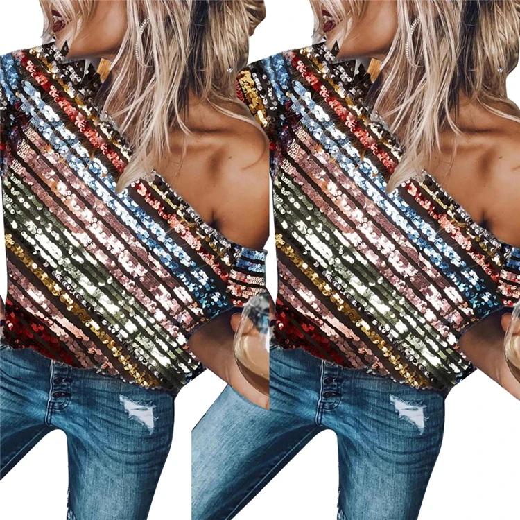 

New Fashion Sexy T-shirt Short Sleeve Colorful Sequin Party Wear Casual Women clothing Tops