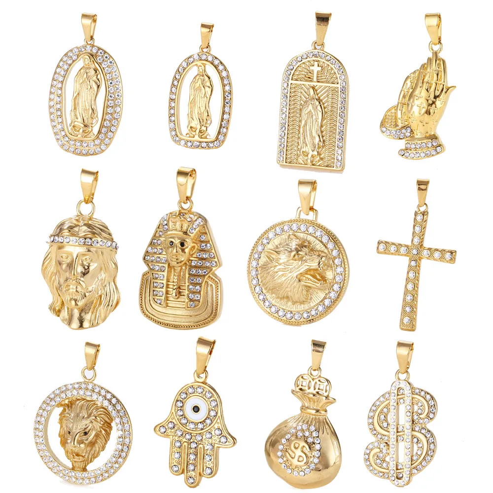 

Rapper Lion Head Charm Praying Hands Jesus Piece Virgin Mary Jewelry 18k Gold Plated Iced Out Cz Cross Egyptian Pendants For Men
