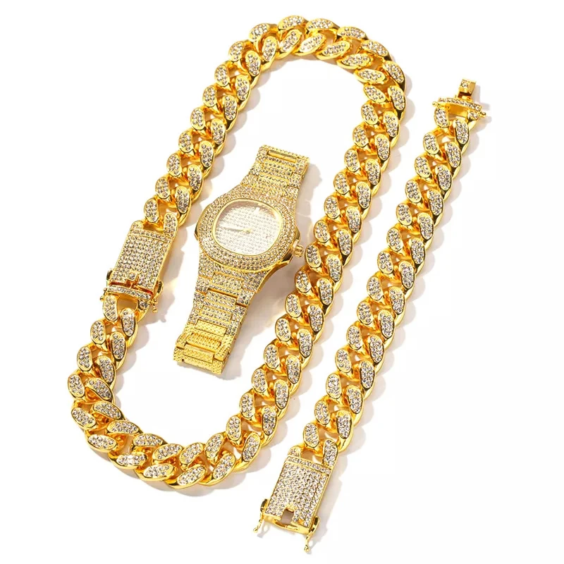 

Luxury Men Gold Silver Color Watch Hip Hop Men Watch & Bracelet & Necklace Combo Set Ice Out Cuban Watch Hip Hop for Men, Rose gold/gold/silver