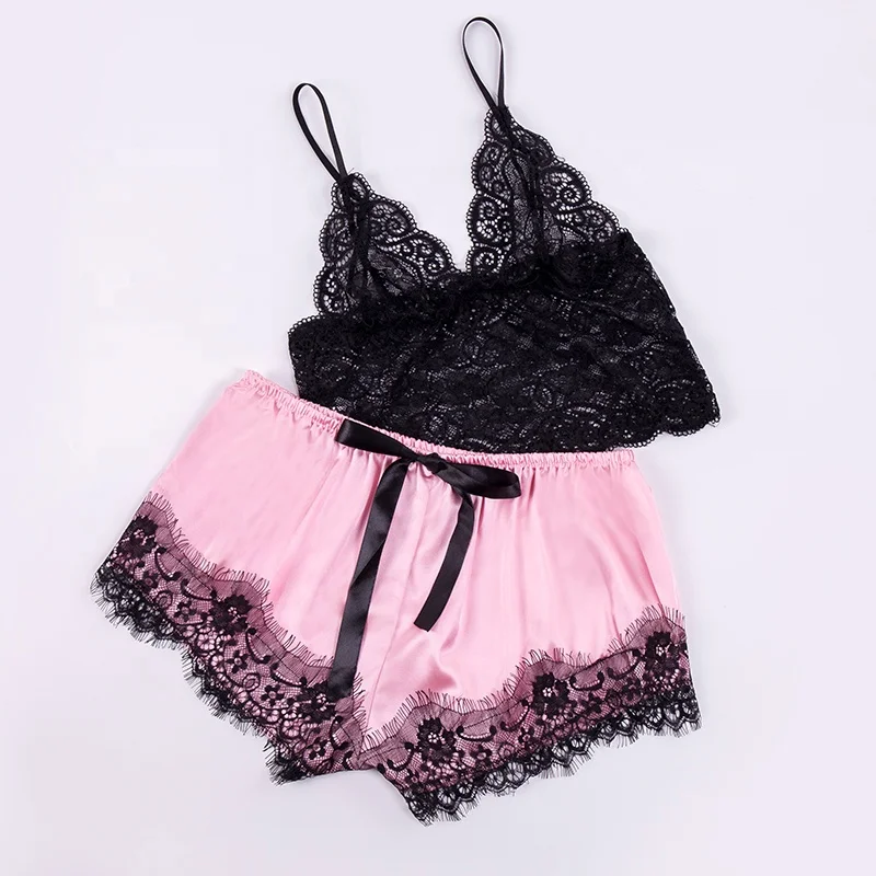 
Wholesale women nightwear sexy lingerie satin pajamas set with lace 