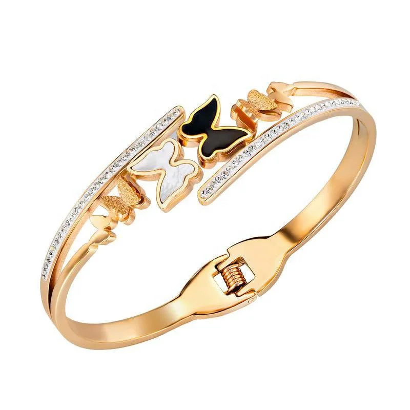 

Free Shipping Jewellery Rhinestone Stone Jewelry Women 316L Stainless Steel Butterfly Bangle, Rose gold