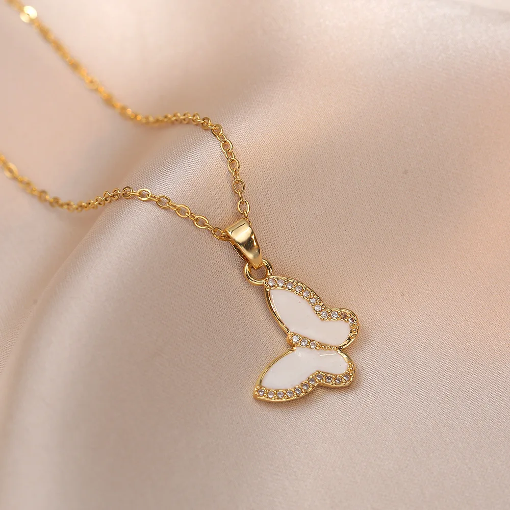 

Korean18k Gold Plated Butterfly Stainless Steel Zircon Statement Necklace For Women