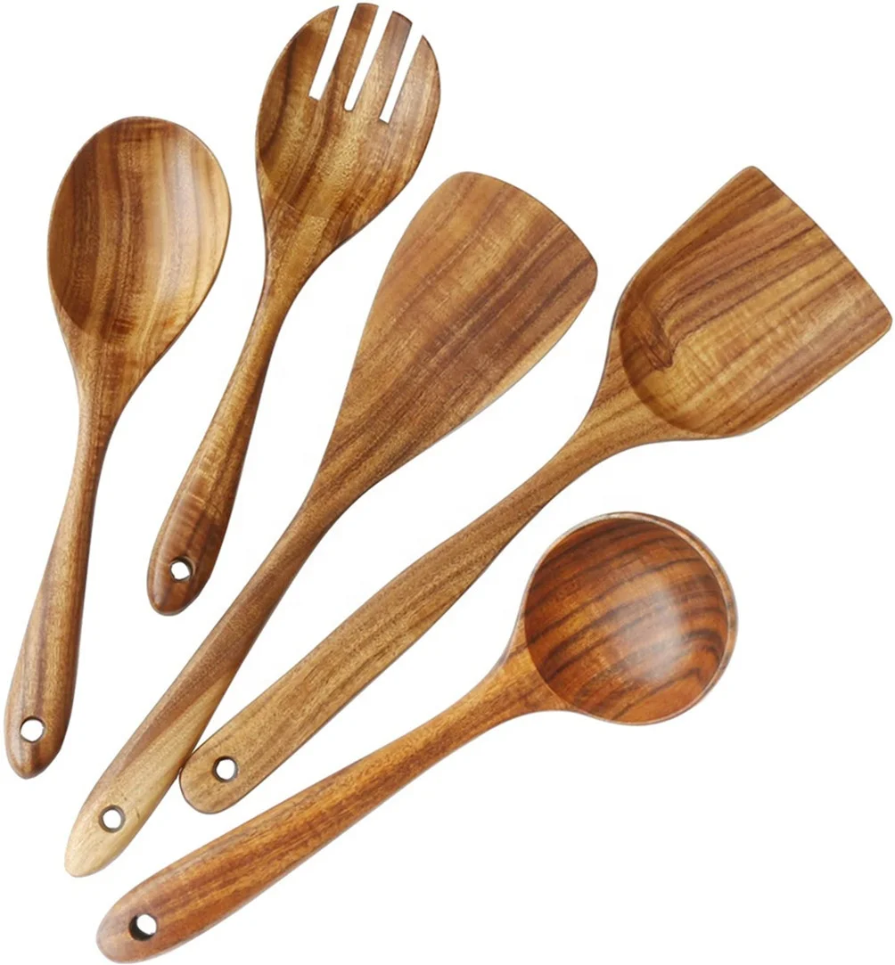 

5Pcs Wooden Kitchen Utensil Set for Non-Stick Pan Wooden Utensils for Cooking 100% Natural Acacia Wooden