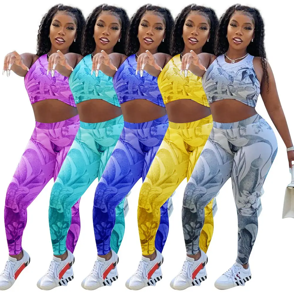

2021 Hot Selling Summer Women 2 Piece Set Casual Yoga Sports Suit Racer Vestand Long Pants Set, Purple,yellow,gray,royalblue ,lake blue