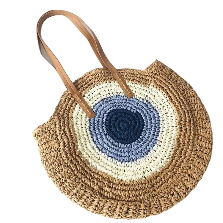 

OEM summer beach women natural Pure hand knitting new straw bag Color stitching bag
