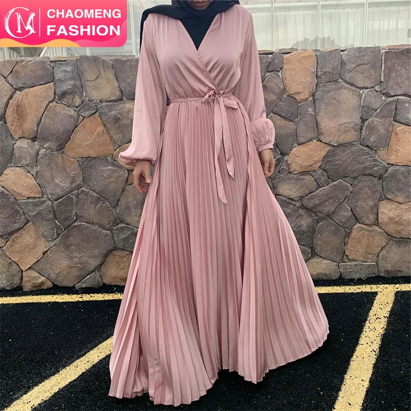 

6377# Stylish Pleat Big Hem Dress Long Sleeve Satin Wrap Waist Dress Turkey Islamic Muslim Light Nude Modest Dresses, Pink,beige,black,purple,dark green,green