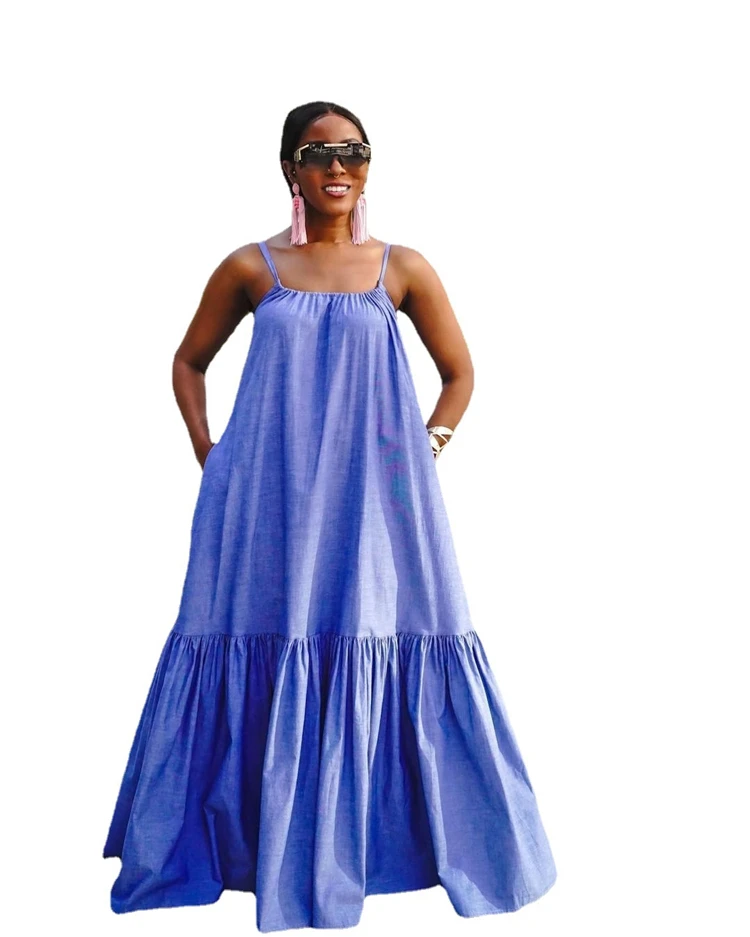 

DUODUOCOLOR The new summer fashion casual blue temperament loose women clothing maxi dress with pockets D97700