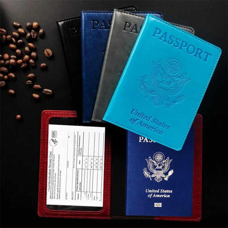 

Wholesale fashion pu leather USA vaccine card protector passport holder, Black, maroon, navy, light blue, gray