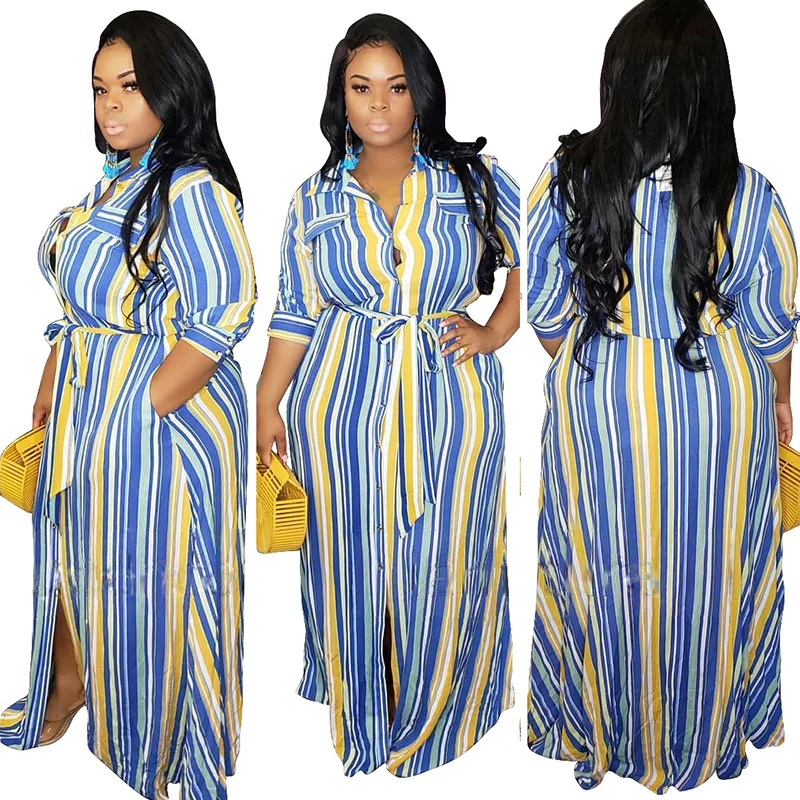 

20733 cross-border factory direct sales stock striped cardigan big skirt with belt plus size women's dress, Green, colorful orchid, sky blue