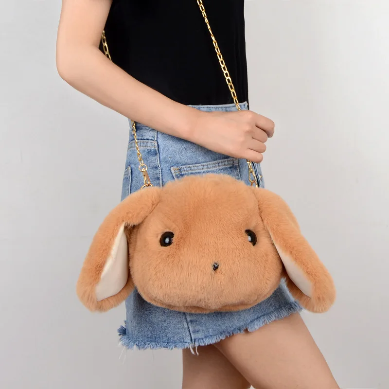 

Jtfur Fashion Plush Cute Rabbit Shape Bag Ladies One-Shoulder Chain Imitation Wool Fake Fur Purse for Women, Customized color
