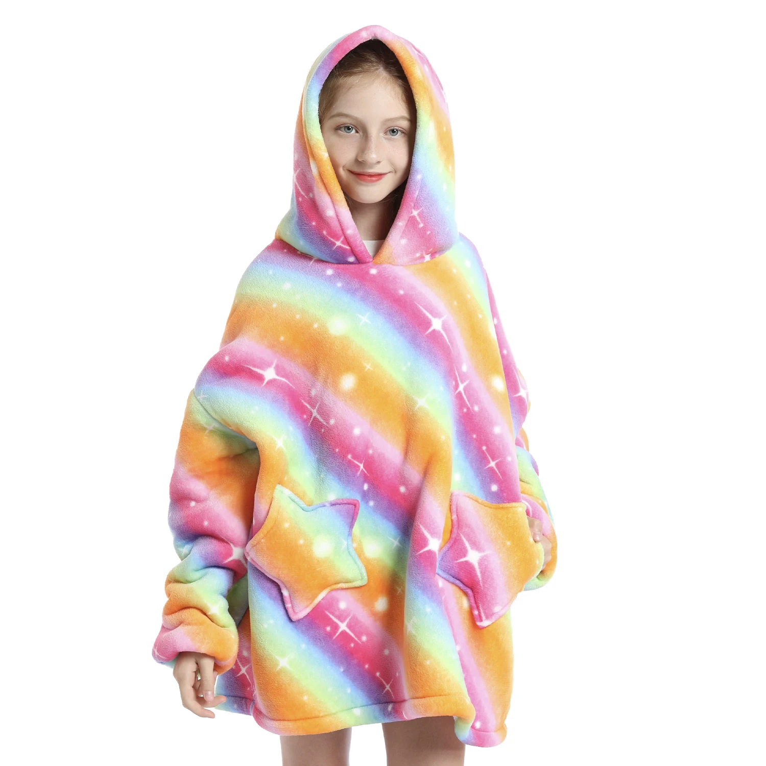 

Easycosy Wholesale Oversized Flannel Sherpa Soild Hoodie Blanket Long Sleeved Thick Hoodies With Big Size Pocket for Kids, Customized color