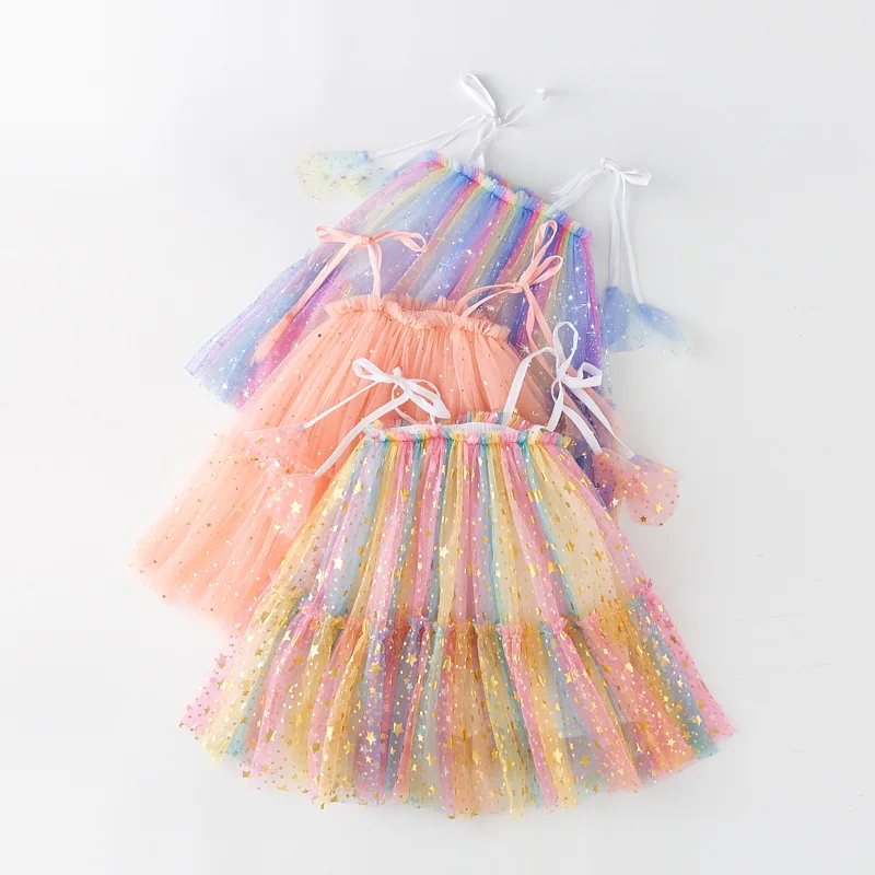

Wholesale Sequined Star Print Strap Summer Kids girl Tutu Dresses Sleeveless Tulle Baby Girl Summer Dress