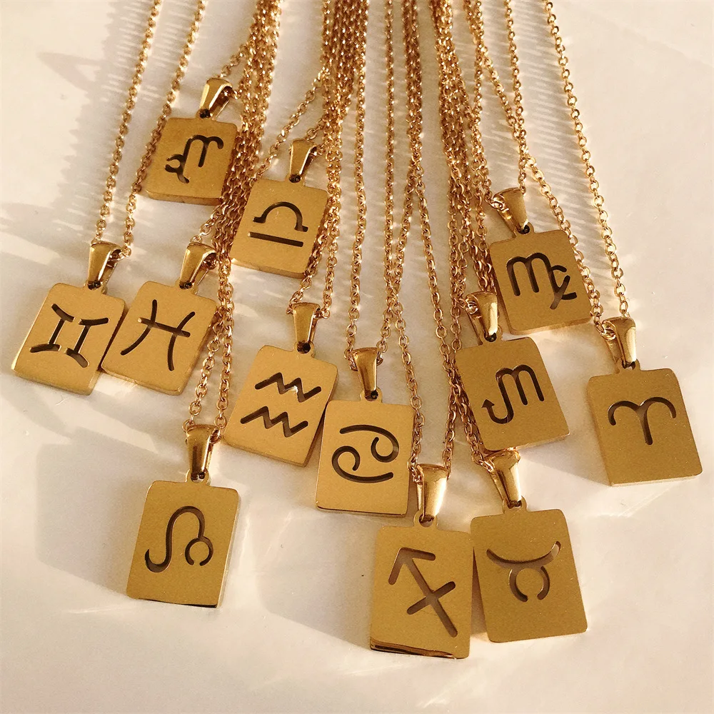 

18K Gold Plated Stainless steel 12 zodiac pendant card necklace Square Shape necklace