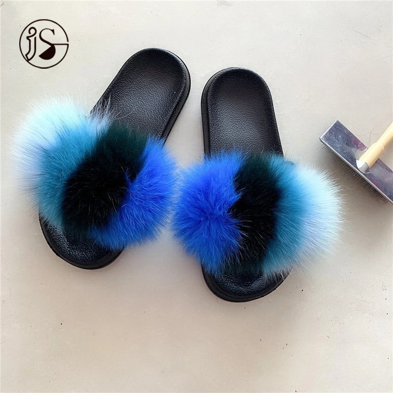

2021 fashionable Soft fur slippers plush Luxury outdoor slides for women 100% Real Fox Colorful furry slides, Picture