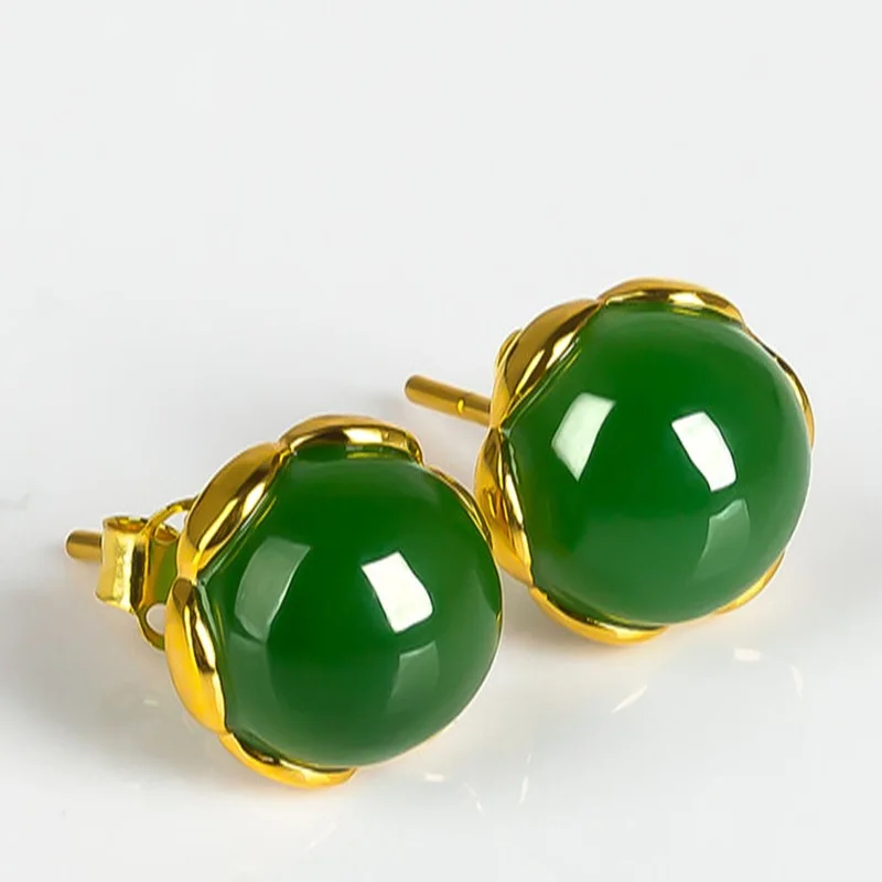 

Luxury Green Jade Gemstone Stud Earrings Gold Plated Round Emerald Stud Earrings