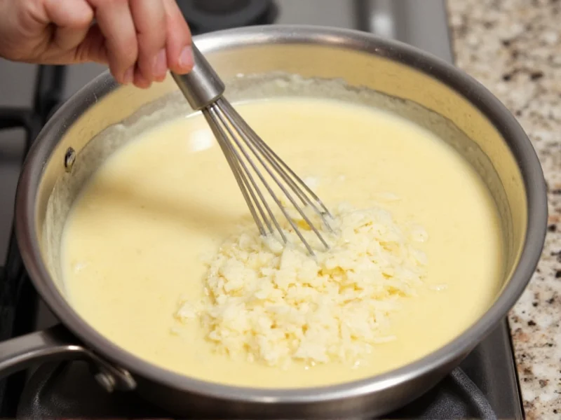 Whisking Parmesan into simmering cream for alfredo sauce