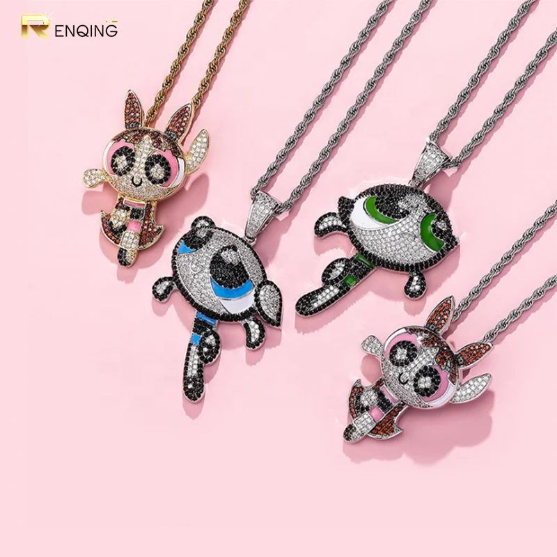 

RQ Powerpuff Girls Cartoon Pendant Jewelry Micro Pave CZ Charm Hip Hop Mens Brass Iced Out Pendant Chain Necklace Bling Jewelry