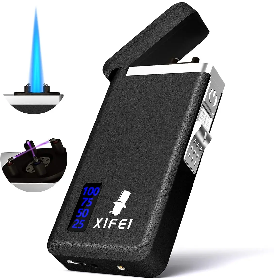 

Wholesale Custom Logo Windproof Plasma Dual Arc Lighter USB Charging Butane Smoking Cigar Lighter, Matt black