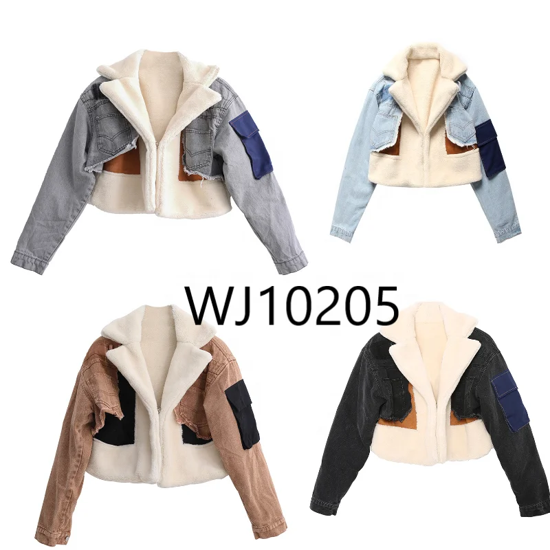 

fashion design patchwork denim long sleeve motorcycle jacket with wool liner sexy winter jackets top crop woolen coat for women, Picture showns