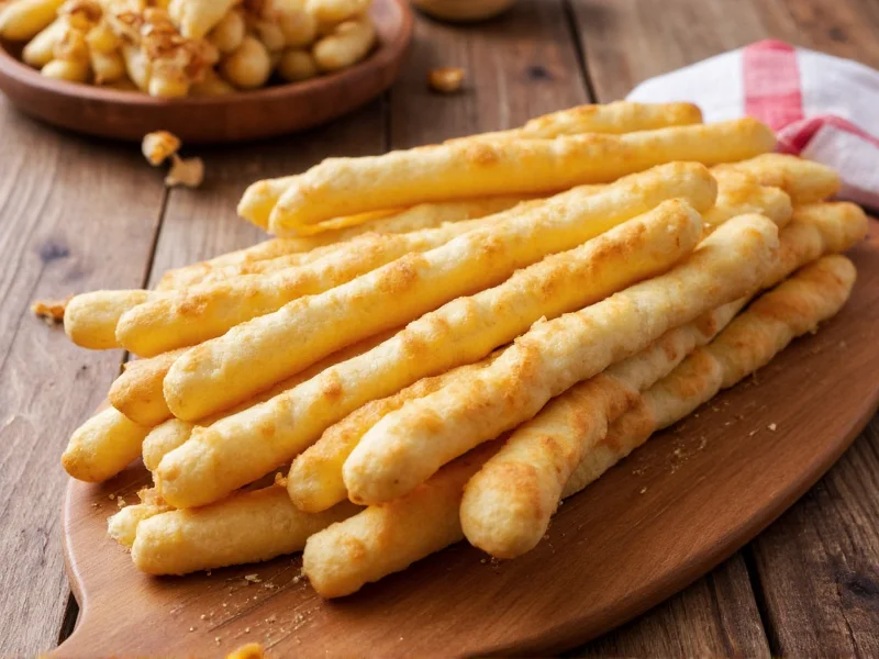 Golden homemade breadsticks on rustic wooden board