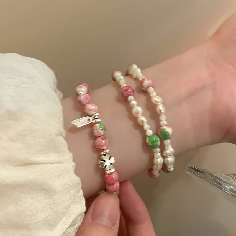 

Cherry blossom powder fresh water pearl double bracelet women 2023 new temperament bracelet