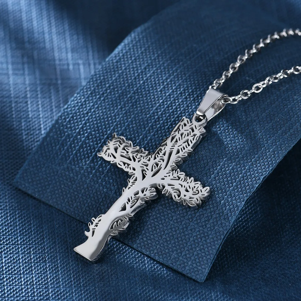 

Silver Black Cross with Tree Stainless Steel Necklace Pendant