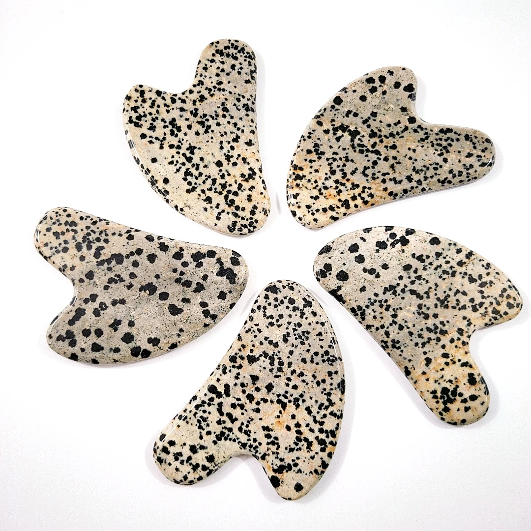 

Best Sale Engraving Laser Logo No Noise Natural heart dalmatian Jasper Real Natural gua sha For SPA