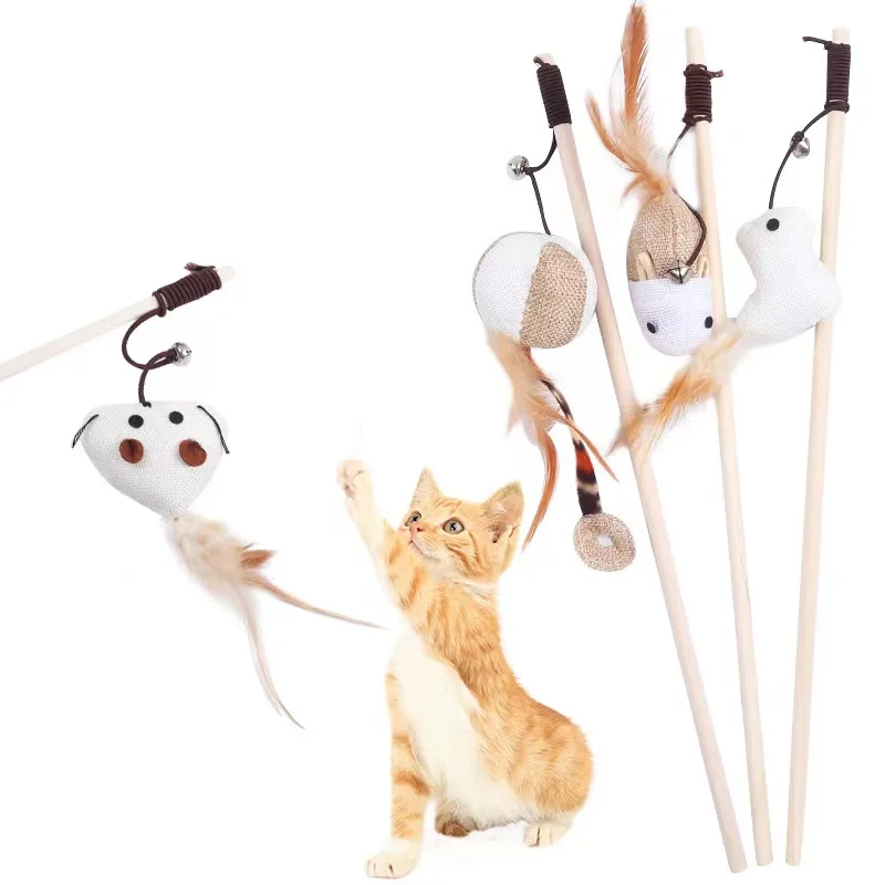 

Hot Sale Nature wood handle Mouse Ball Chicken Squid Fish shape Cat teaser stick Toy with Wand Plume and Linen