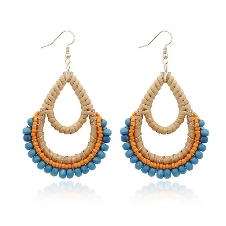 

Women Vintage Beaded Wooden Earrings Bohemian Straw Wicker Ethnic Jewelry