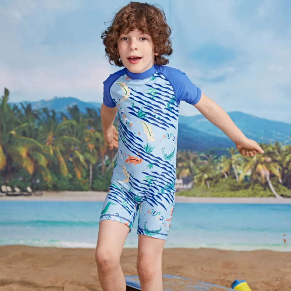 

Miniatree Wholesale New Children Swimsuit Boys Girls Bathing Suit Short Sleeve Kids Sunscreen One Piece Swimwear Little Boy Girl, Blue