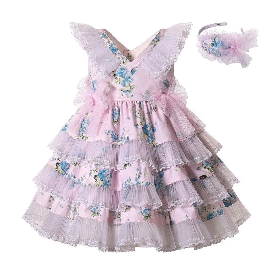 

Pettigirl Pink Girl Floral Dresses 5T Sleeveless Flower Girl Dresses 3-Layer Tulle Boutique With Pink Sash