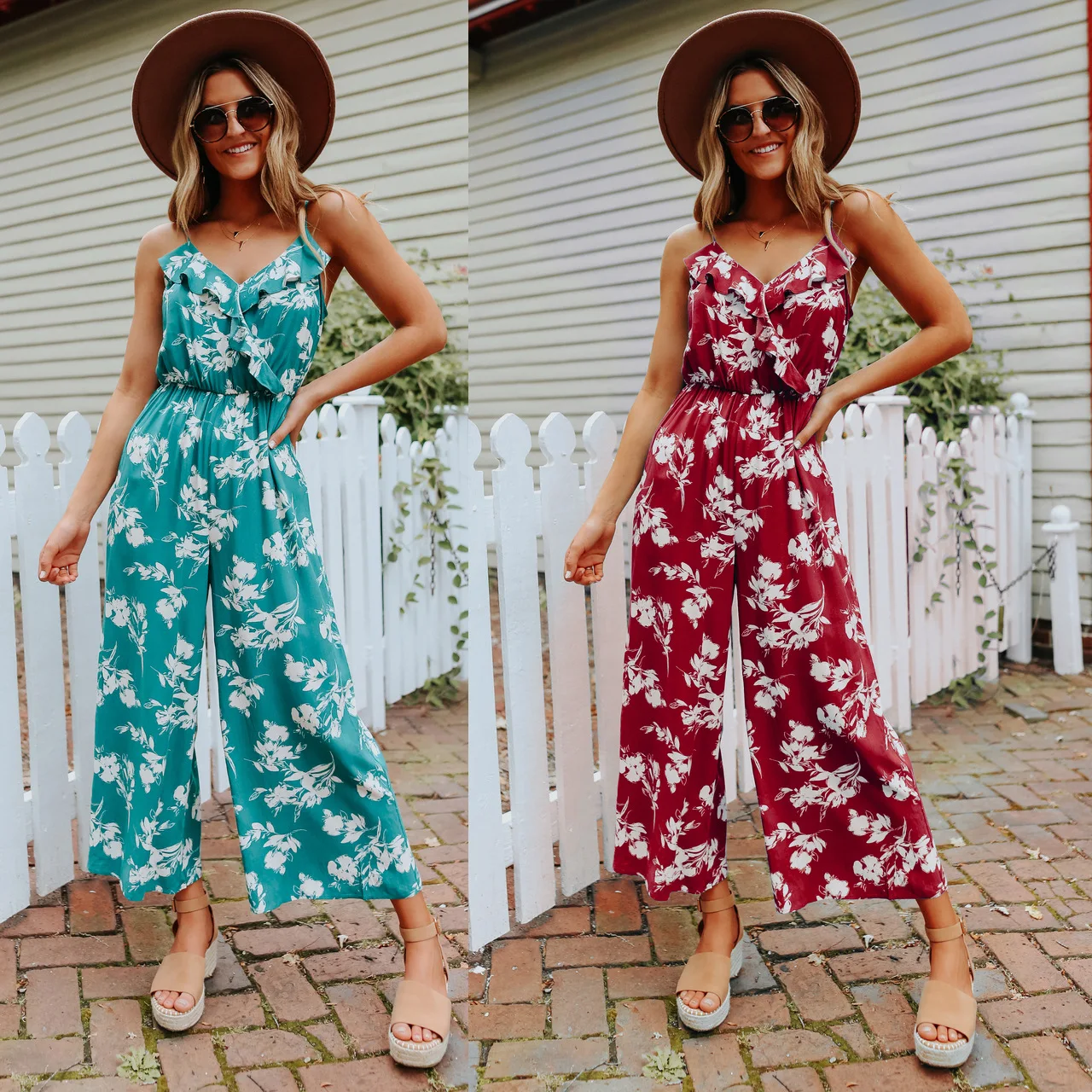 

Custom Floral Printed Summer Womens Rompers And Jumpsuits Sleeveless Spaghetti Strap One Piece Jumpsuit Women 2021, 2 colors for selection