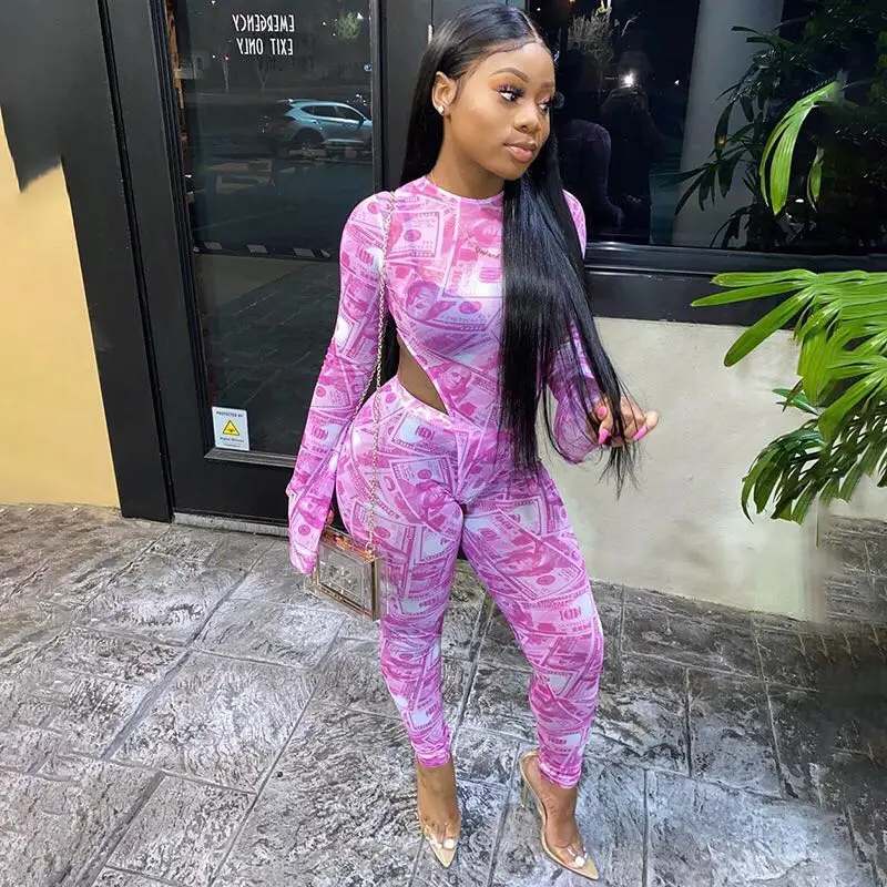 

Pink Mesh See Through Sexy Hot Matching Club Women Flare Sleeve Bodycon 2 Piece Outfits Party Bodysuit And Pants Sets