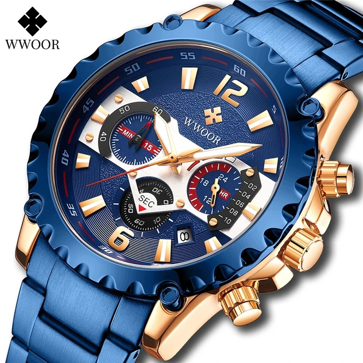 

WWOOR 8880 Luxury Gold Full Steel Watch Men 2021 Sport Chronograph Quartz Wrist Watches For Men Military Waterproof Relogio