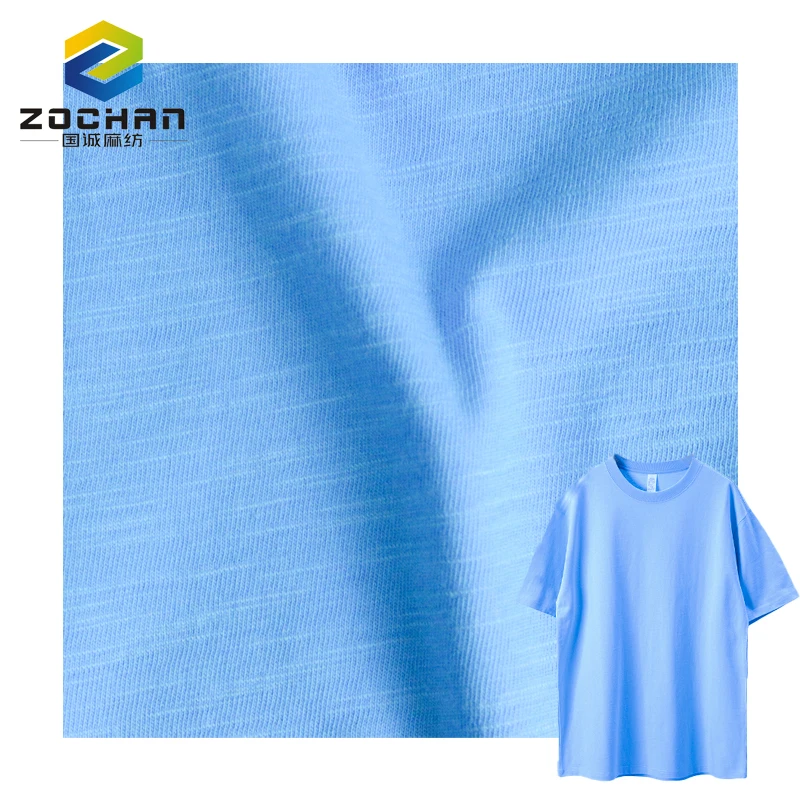 

hot selling 100% organic cotton slub jersey GOTS Sheer blue fabric for costume dress