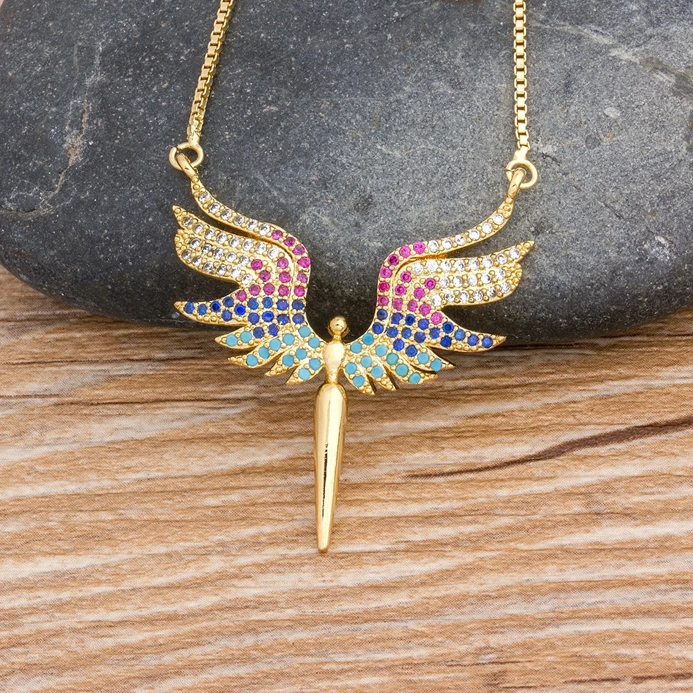 

Classic Angel Wings Rainbow Pendant Necklace Copper Cubic Zirconia Gold Chain Necklace Best Party Wedding Jewelry Gift For Women