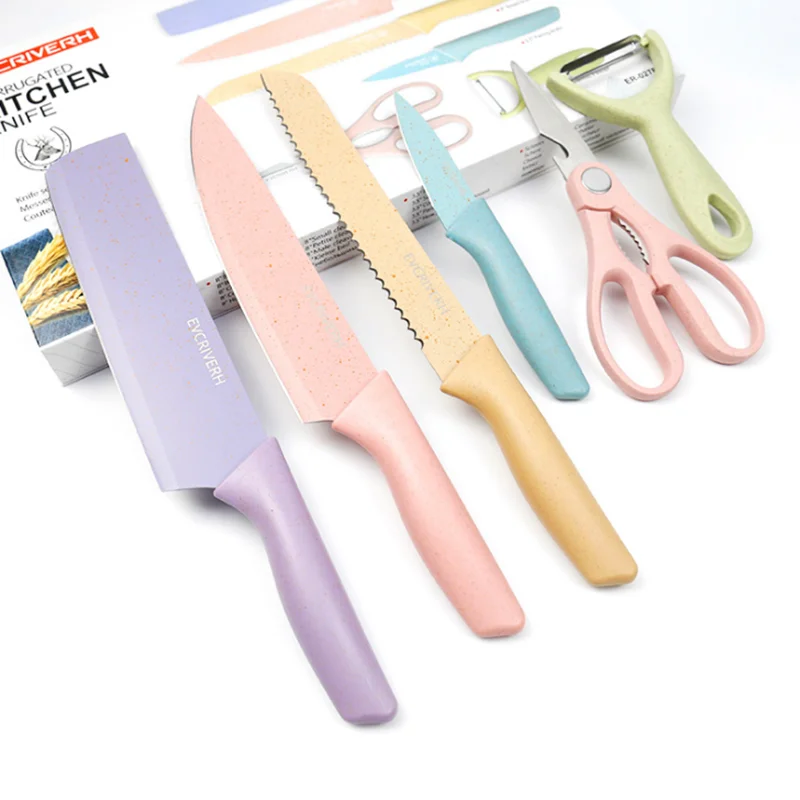 

6 Pieces Colorful Wheat Straw Stainless Steel Kitchen Fruit Vegetable Meat Sharp Knife Knives Tool Set, Customized color