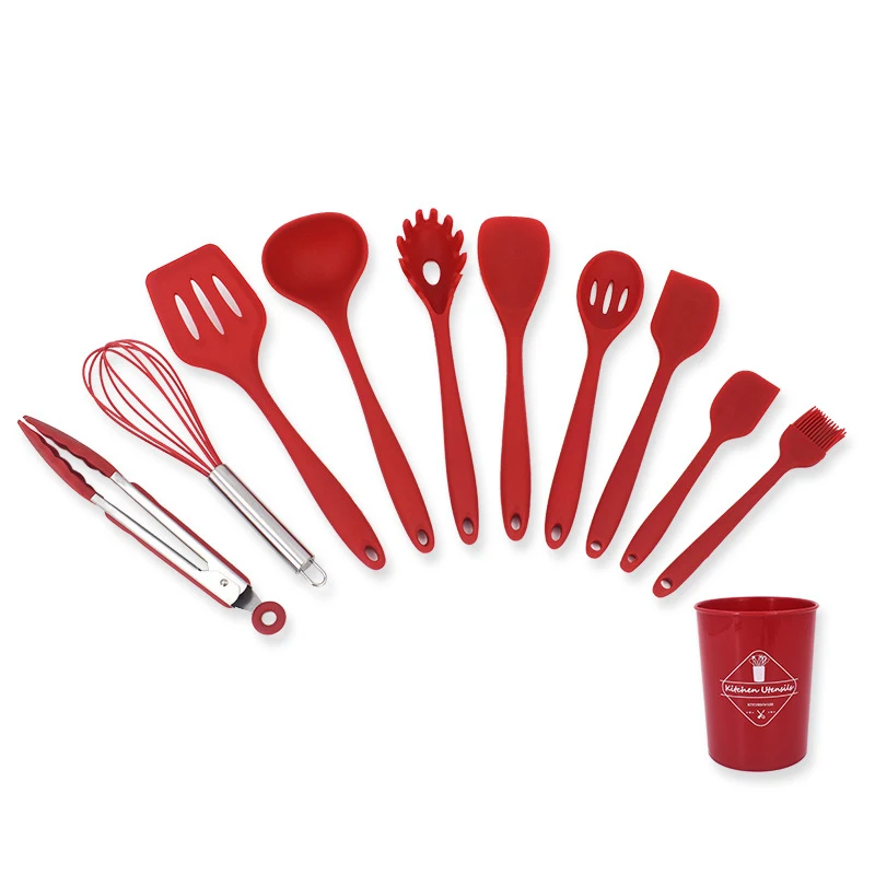 

Non-stick spatula cookware silicone 11-piece set with wood handle Storage Bin Kitchen Supplies Soup spoon and spatula, Red