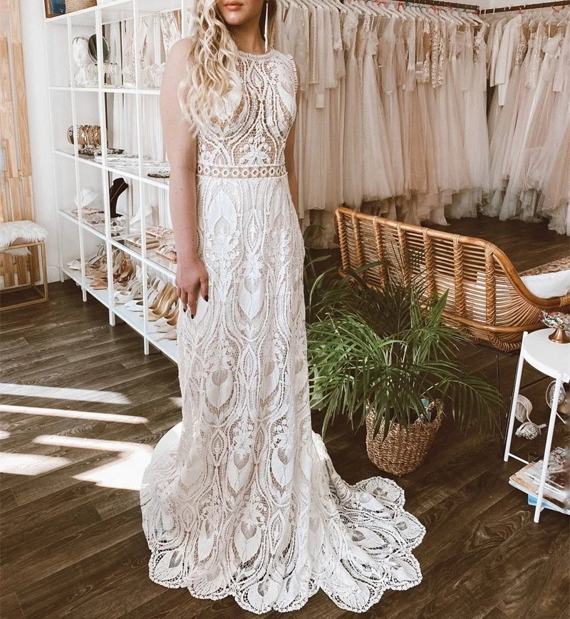 

11175#Lace O-Neck Sleeveless Bridal Dress Sweep Train Bohemian Boho Beach Backless Wedding Dress Wedding Gown Bridal Gown, Off white/champagne